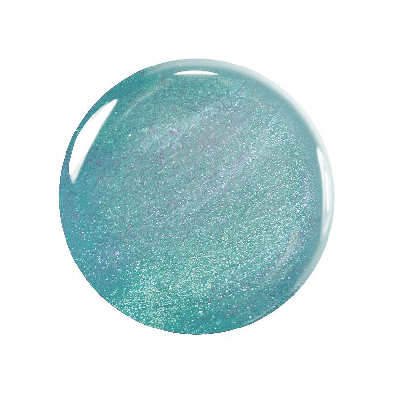A close-up of the You Me Under the Sea Green Flash™ Set by Manucurist showcases a round, teal-blue gel bead with a glossy, iridescent shimmer featuring hints of purple and silver—like an aquatic nail polish highlight.