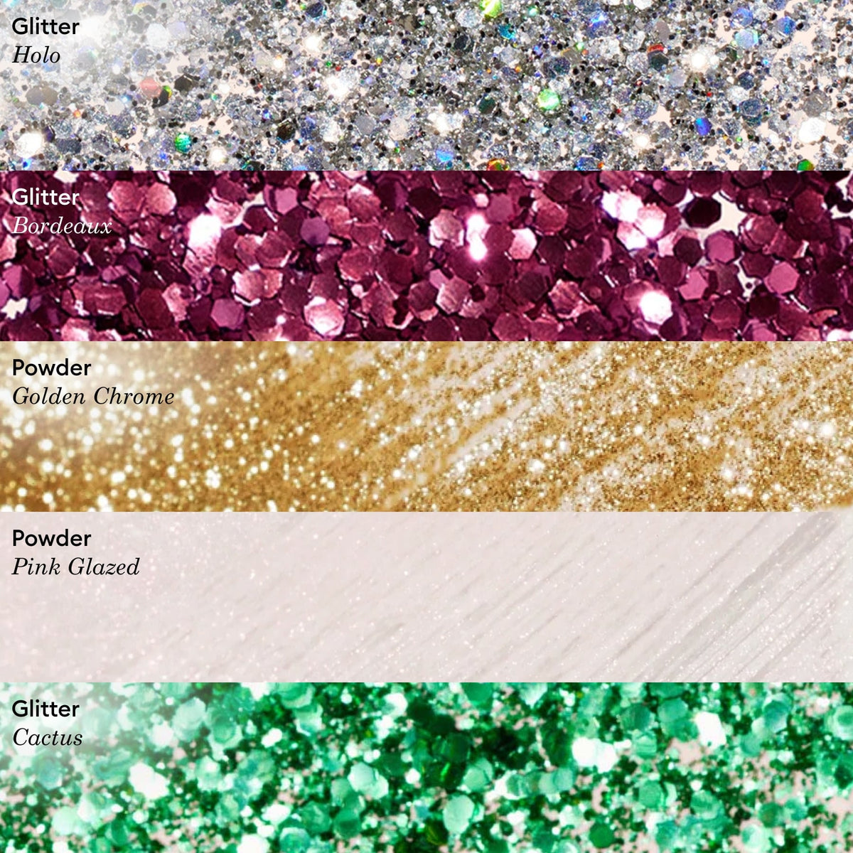Cinq swatches — argent holographique, bordeaux profond Bordeaux Biodegradable Glitter de Manucurist, chrome doré, rose tendre effet glazed et cactus vert vif — chacun étiqueté par type/nom. Présente des paillettes biodégradables pour des looks de vernis à ongles éco-responsables.