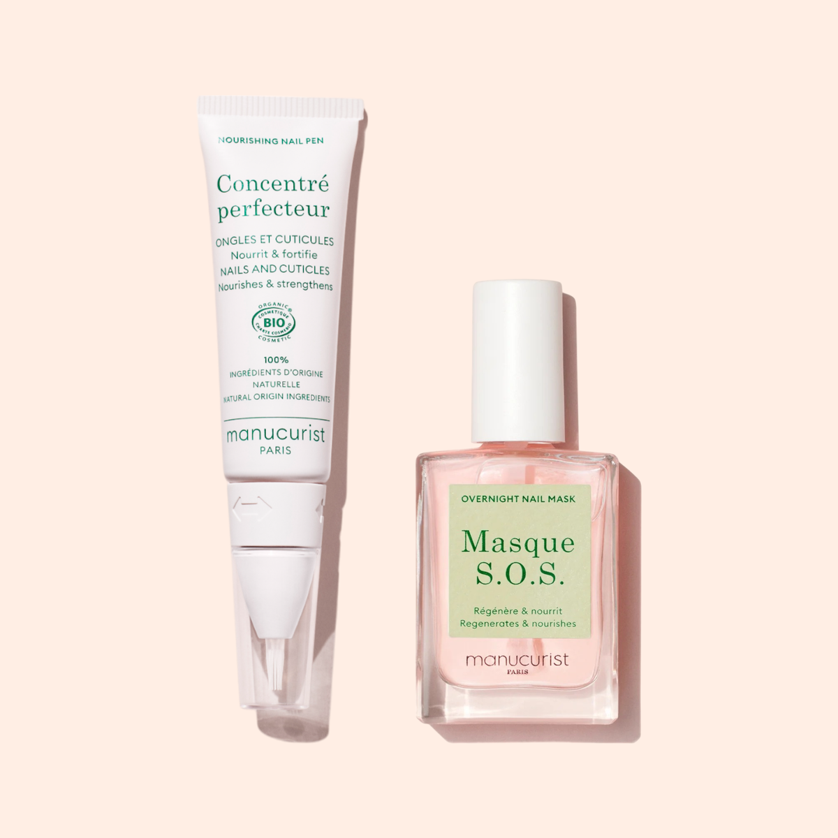 Le Duo Ongles Plus Forts de Manucurist, composé du Concentré perfecteur et du Masque S.O.S. pour réparer et chouchouter les ongles, est présenté sur un fond beige clair.
