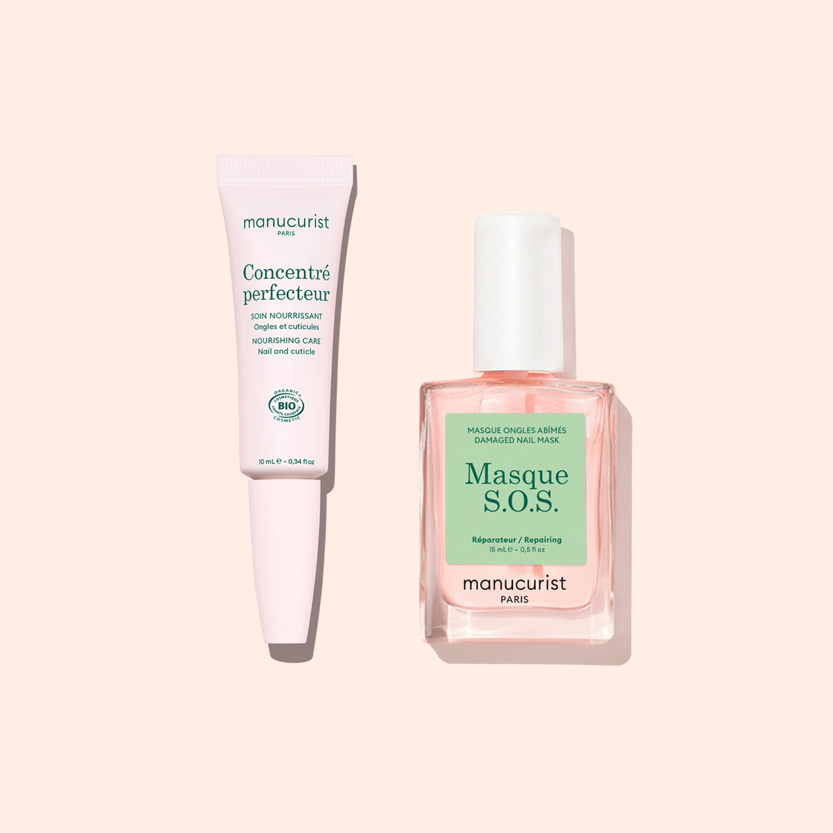 The Stronger Nails Duo by Manucurist, featuring Concentré perfecteur and Masque S.O.S. for nail repair and luxury care, is displayed on a light beige background.