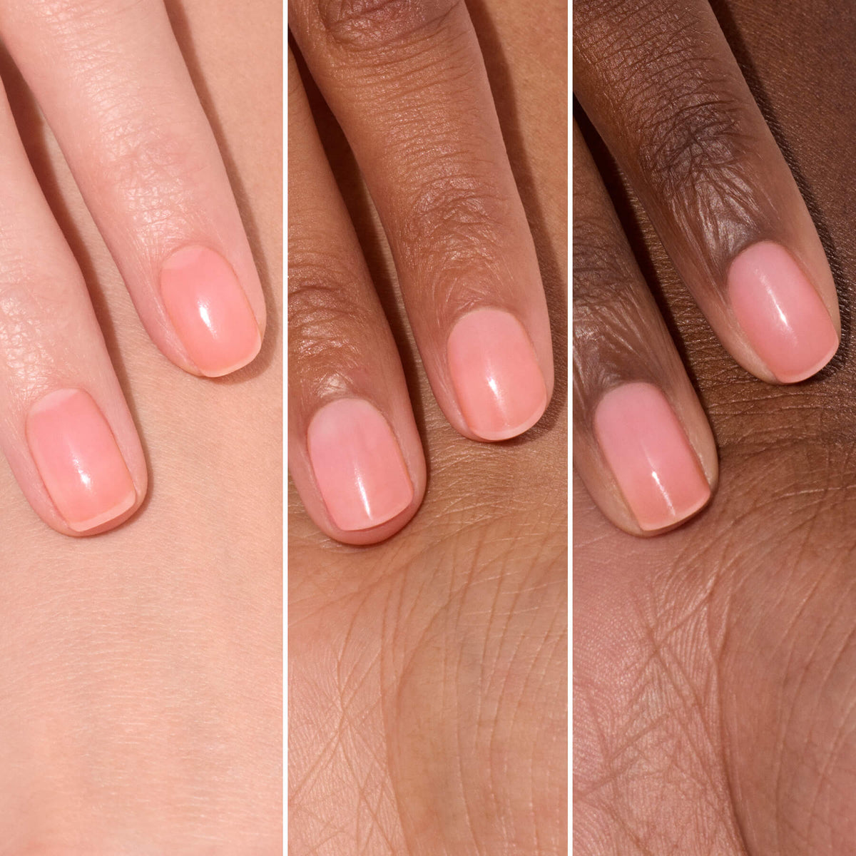 Trois mains aux carnations différentes arborent des ongles courts et soignés, vernis avec l&