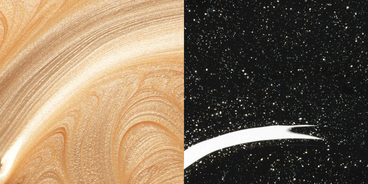 The image is split in half: the left side shows swirling, gold metallic paint, while the right side depicts a black background filled with white specks resembling stars and a curved white streak.