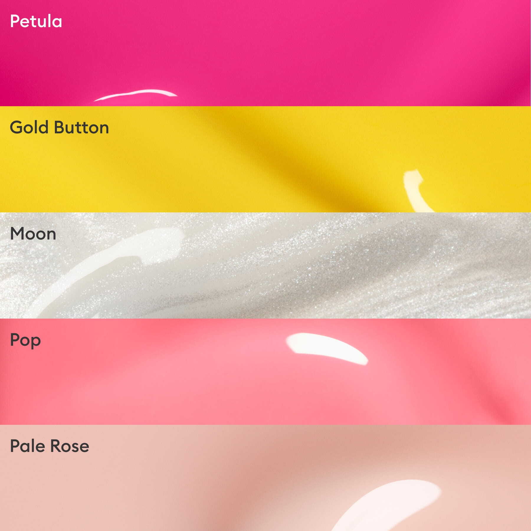 Five horizontal swatches labeled: Petula, Gold Button, Moon, Pop, and Pale Rose—shades from Manucurist’s Curated Color Collections, inspired by the latest manicure trends.