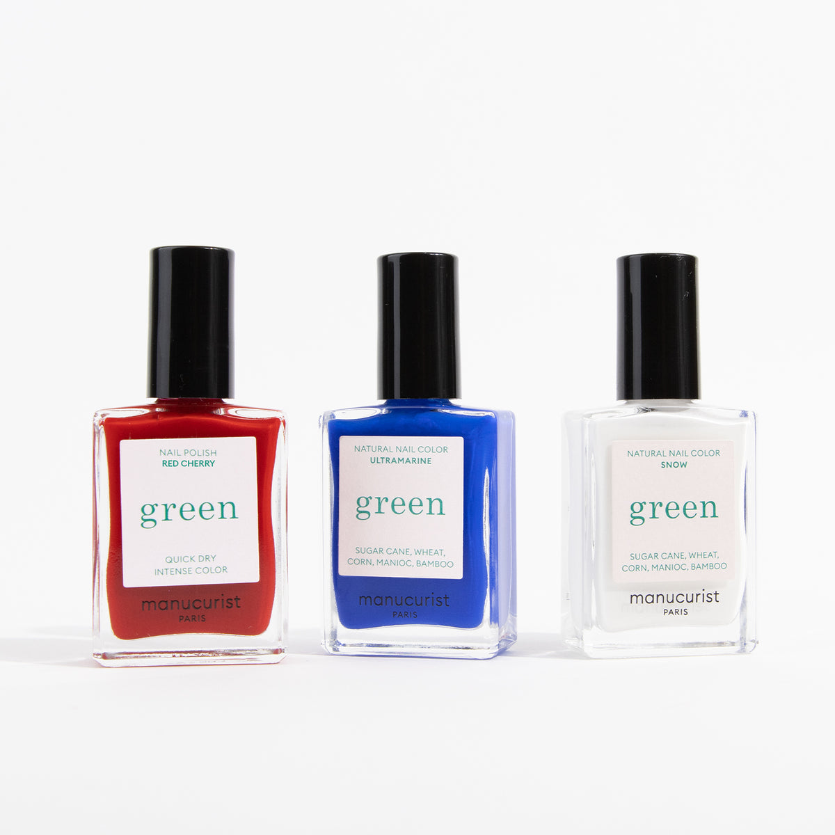 The Manucurist Red, White Blue Trio features three natural nail polishes—Red Cherry, Ultramarine, and Snow—inspired by bold red, white, and blue eyeshadow for intense color and quick dry.
