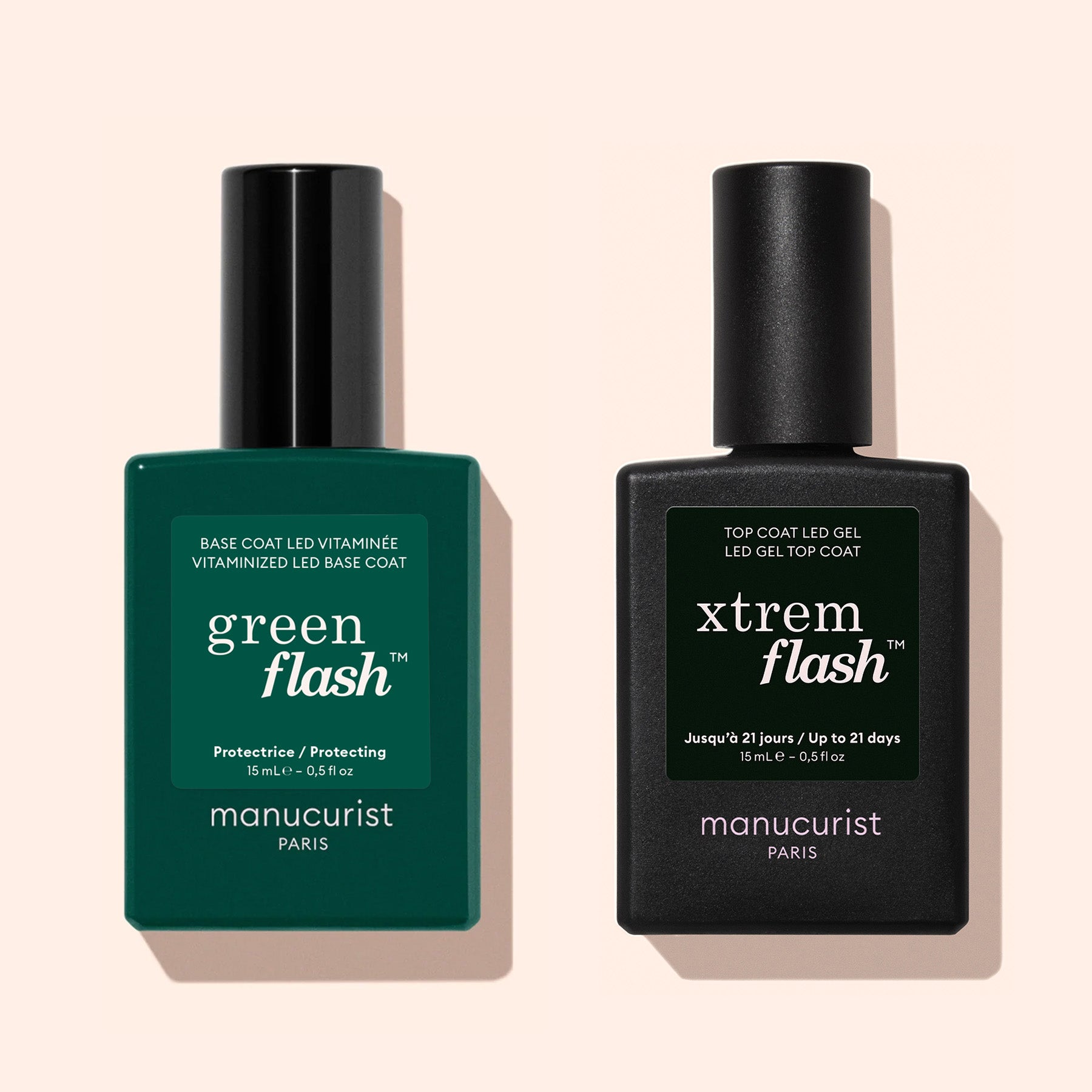 Two Manucurist bottles on a light background: one green bottle labeled Vitaminized Base Coat Green Flash™, and one black Xtrem Flash™ Top Coat LED Gel.