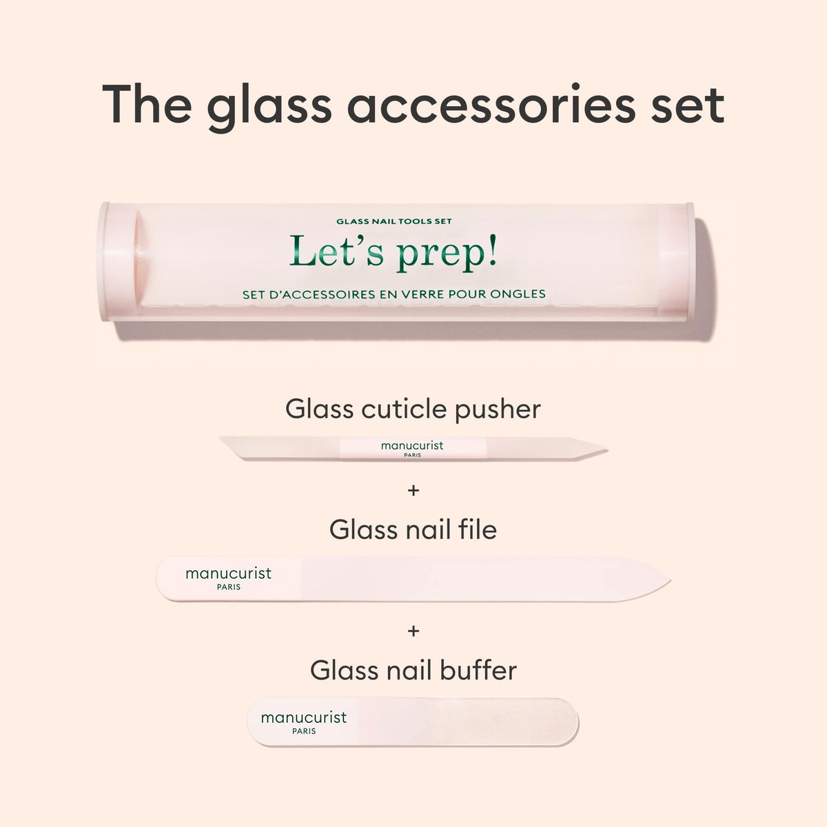An image of the Manucurist-us Glass nail accessory trio, including a cylindrical case labeled "Lets prep!", a glass nail buffer, cuticle pusher, and nail file, all neatly arranged on a light background.