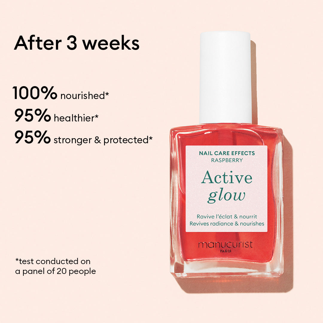 Un flacon de Manucurist Healthy Glow Duo sur fond clair, avec le texte : Après 3 semaines, des ongles 100 % nourris, 95 % plus sains et 95 % plus forts et protégés — résultats d’un panel de 20 personnes.