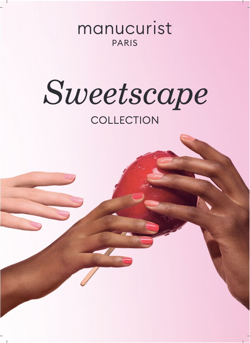 Three hands with manicured nails in pink shades reach for a shiny red candy apple. The background fades from light to pink, with the text Manucurist-test Leaflet Collection Jellies Sweetscape above the hands.