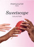 Three hands with manicured nails in pink shades reach for a shiny red candy apple. The background fades from light to pink, with the text Manucurist-test Leaflet Collection Jellies Sweetscape above the hands.