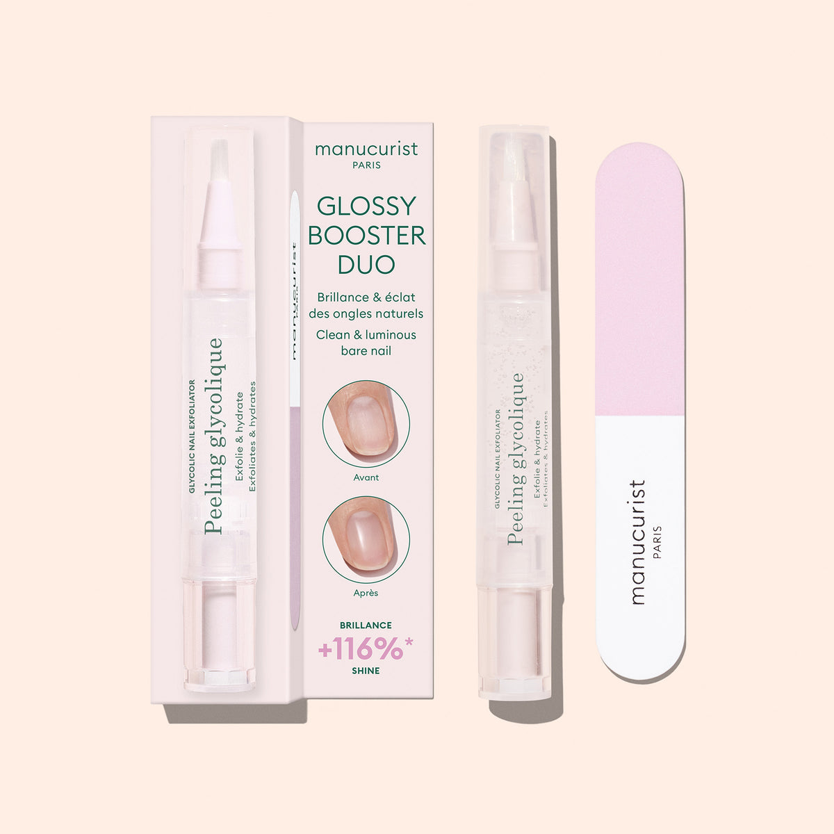 Le Duo Glossy Booster de Manucurist comprend une lime à ongles rose et un exfoliant pour ongles en format stylo. L’emballage présente des images avant-après et des informations sur le produit en français et en anglais.