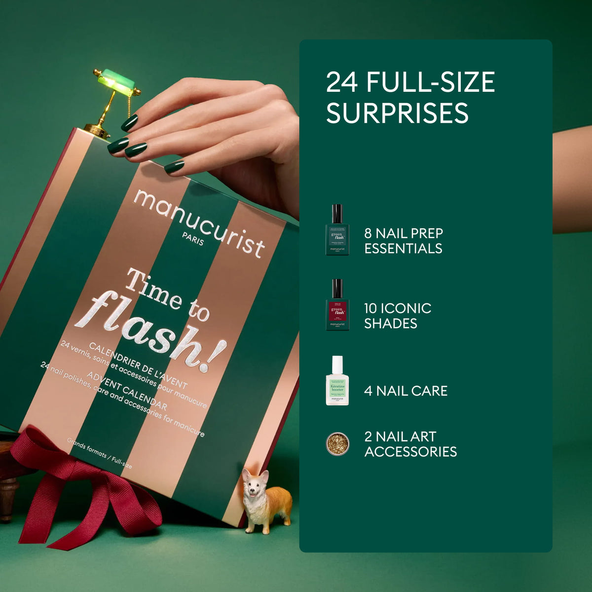 A hand with green nails holds the Manucurist Advent Calendar Time to Flash! Nearby, a tiny dog figurine and nail polish bottles add charm. The text highlights 24 full-size surprises, including nail prep products, iconic Green Flash shades, gel manicure essentials, nail care items, and art accessories from Manucurist.