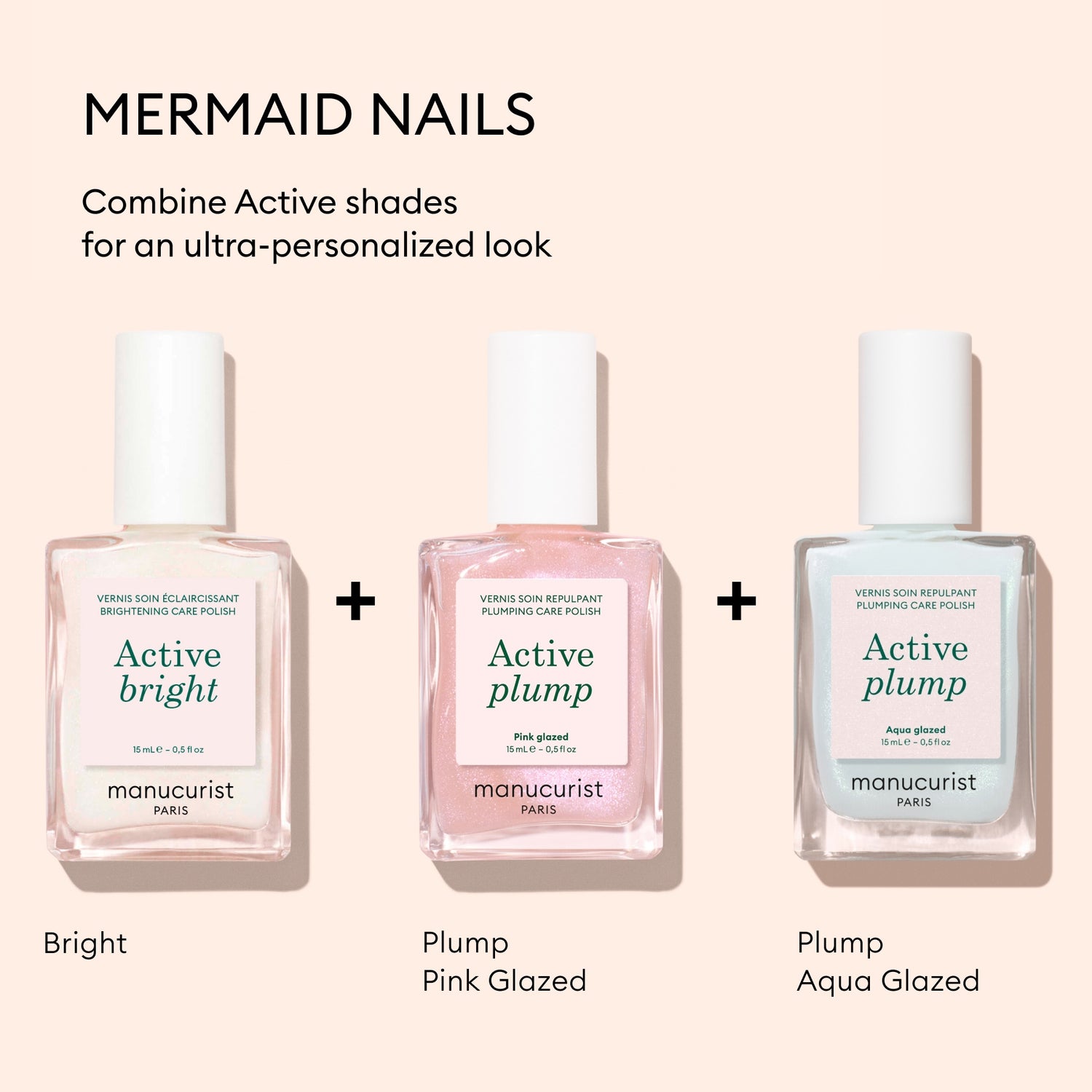 Manucurist’s Active Plump Aqua Glazed collagen nail polish stands out on a light background, promising hydrated nails and a customizable Mermaid Nails style with a luminous pearly finish.