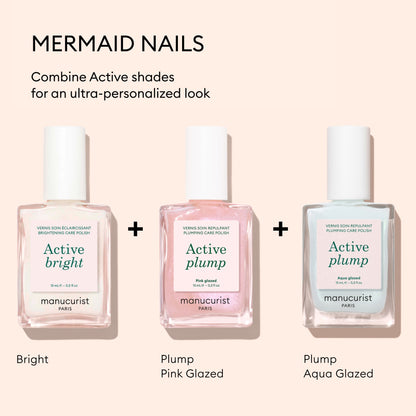 Manucurist’s Active Plump Aqua Glazed collagen nail polish stands out on a light background, promising hydrated nails and a customizable Mermaid Nails style with a luminous pearly finish.