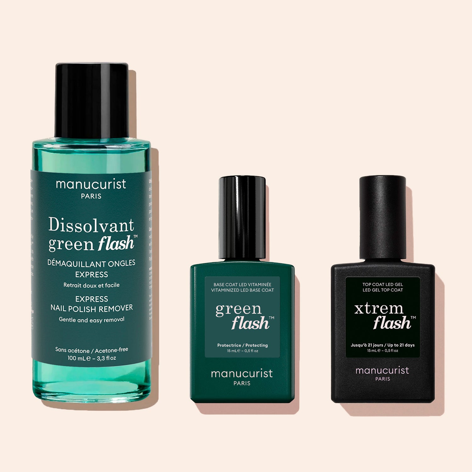 Three manicure essentials from Manucurist: Green Flash™ Gel Polish Remover, Green Flash base coat, and Xtrem Flash top coat in green and black packaging set against a light background.
