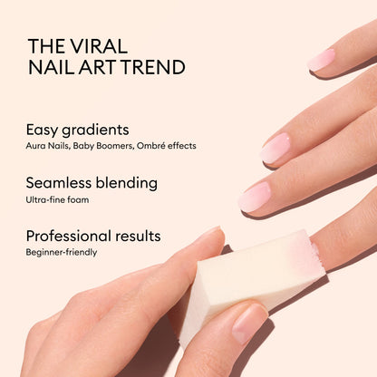 A hand uses the Manucurist Nail Art Sponges (x4) to seamlessly blend pink and white nail polish, creating a smooth Baby Boomer gradient. Text highlights this viral nail art trend, effortless blending, and achieving professional results—even for beginners.