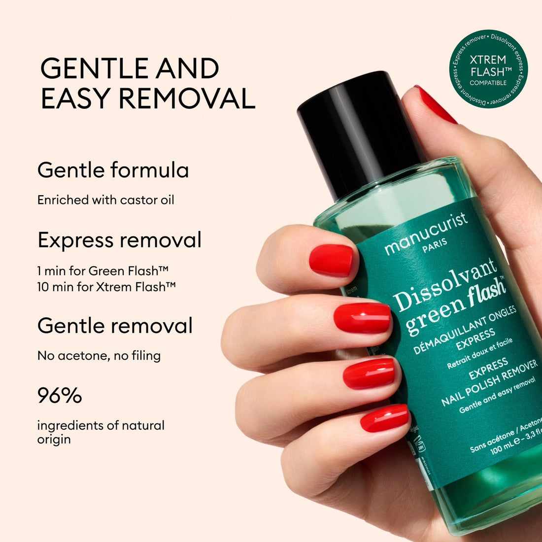 A hand with red nails holds a green bottle of Manucurist Green Flash™ Gel Polish Remover, featuring a gentle, acetone-free formula made with natural-origin ingredients for express gel polish removal.