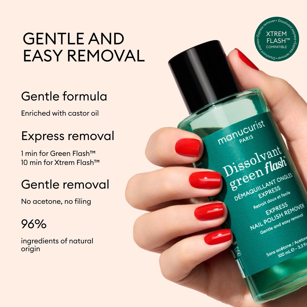 A hand with red nails holds a green bottle of Manucurist Green Flash™ Gel Polish Remover, featuring a gentle, acetone-free formula made with natural-origin ingredients for express gel polish removal.