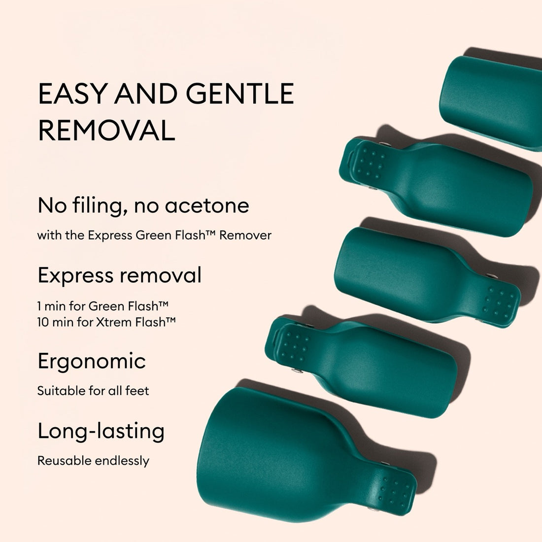 Five teal Manucurist Foot Removal Clips are arranged diagonally on a beige background, highlighting their gentle gel polish removal for pedicures, express results, ergonomic all-feet fit, and long-lasting reusable design.