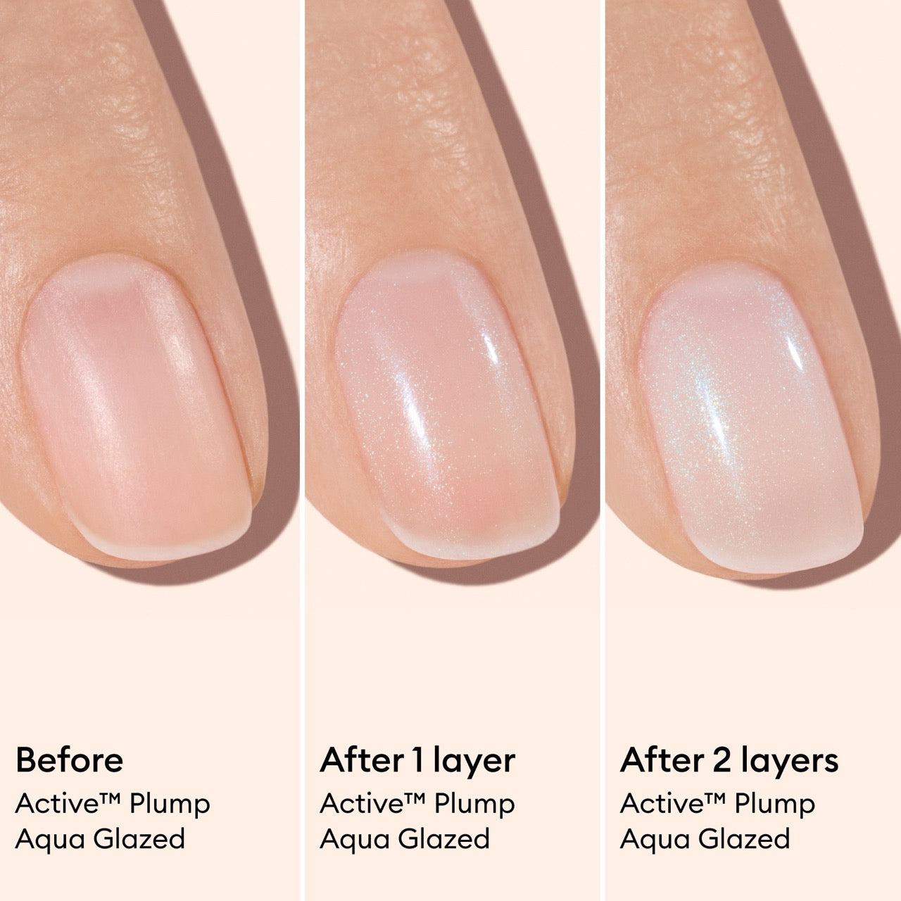 Three close-up shots display a bare nail, after one layer, and after two layers of Manucurist Active Plump Aqua Glazed polish, revealing the development of a shiny, pearly finish.