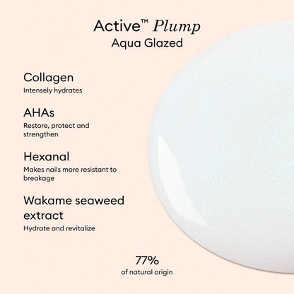 The Manucurist Active Plump Aqua Glazed features collagen nail polish for hydration, AHAs to strengthen, Hexanal for resistance, revitalizing Wakame seaweed extract, a pearly finish, and is made with 77% natural origin ingredients.