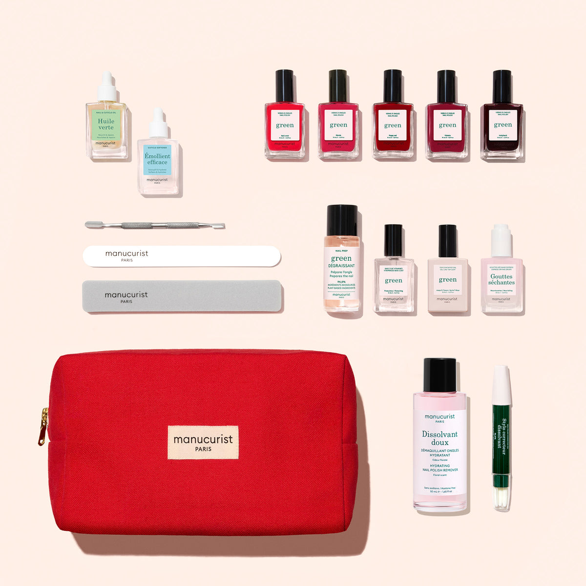 Une trousse rouge Manucurist du Super Kit Ultime, comprenant des accessoires pour les ongles, une base coat vitaminée, des vernis à ongles effet gel de différentes couleurs, des dissolvants et d&
