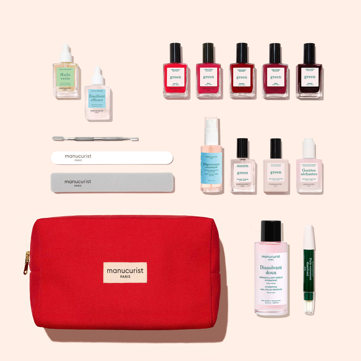 A large red zippered pouch containing a Manucurist Green™ Ultimate Kit with five gel-effect nail polishes, treatment and base coats, nail polish remover, a nail file, a metal cuticle pusher, and a corrective pen.