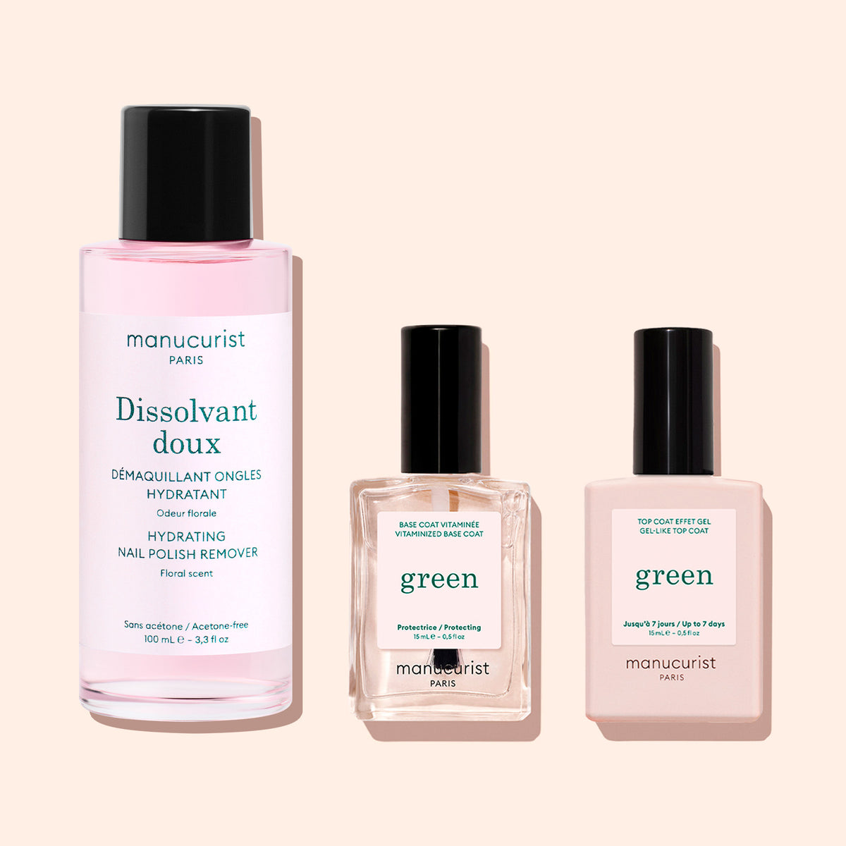Trois produits de manucure Manucurist : un flacon rose de Gentle Remover (sans acétone), ainsi que deux flacons carrés verts (base coat et top coat pour renforcer les ongles), le tout sur un fond clair.