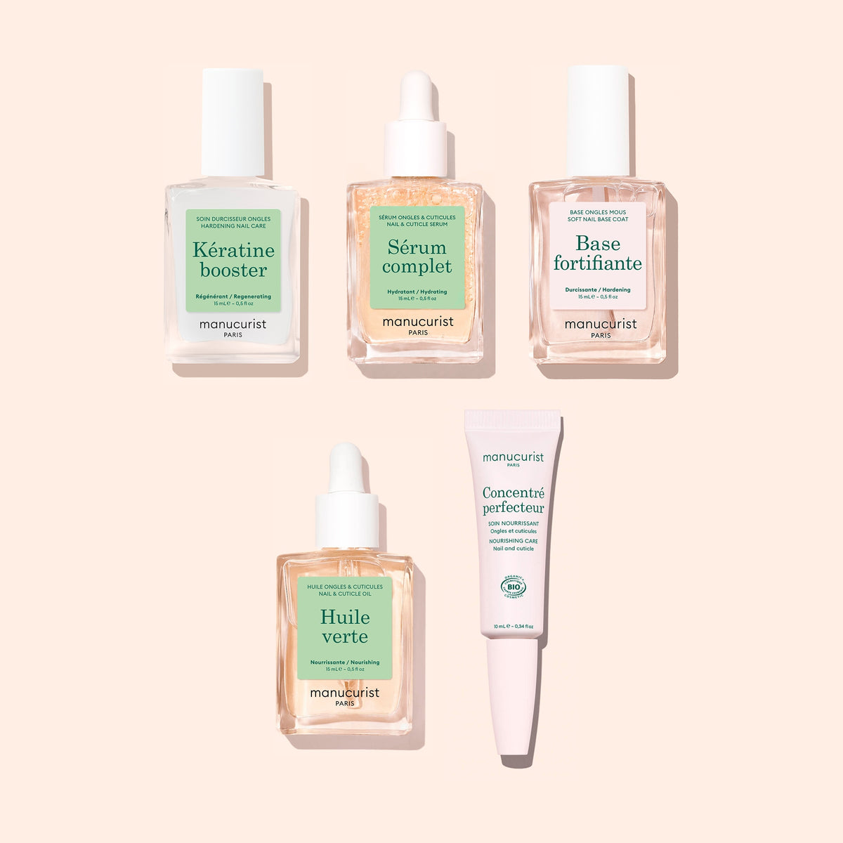 Basic Routine - Soft Nails set containing five nail care products: three glass bottles with dropper caps, one glass bottle with a brush cap, and one small squeeze tube for a nail strengthening serum routine.