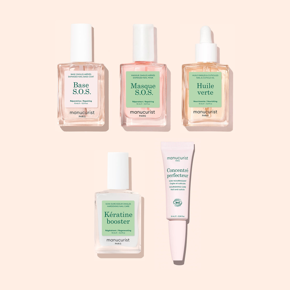 Manucurist Basic Routine - Damaged Nails set featuring three glass bottles of nail repair treatments, a bottle of nail hardening treatment, and a tube of nourishing cream arranged on a light background.