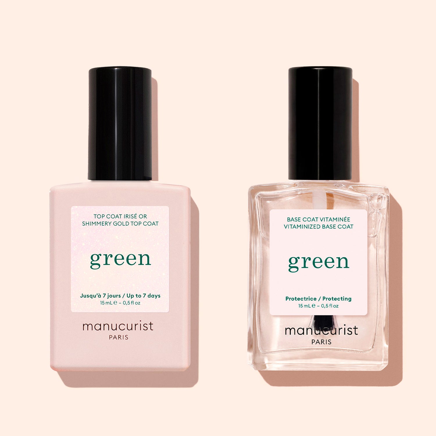 Two bottles of Manucurist nail products on a light beige background. The left bottle is opaque pink labeled Glitter Top Coat with a gel-like finish; the right is a clear Base Coat. Both bottles have black caps.