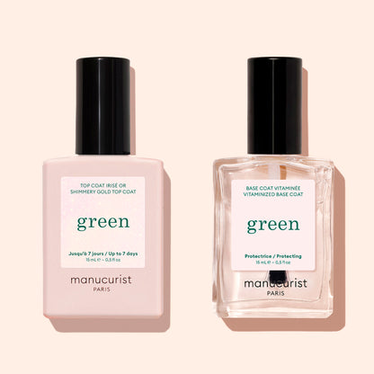 Two bottles of Manucurist nail products on a light beige background. The left bottle is opaque pink labeled Glitter Top Coat with a gel-like finish; the right is a clear Base Coat. Both bottles have black caps.