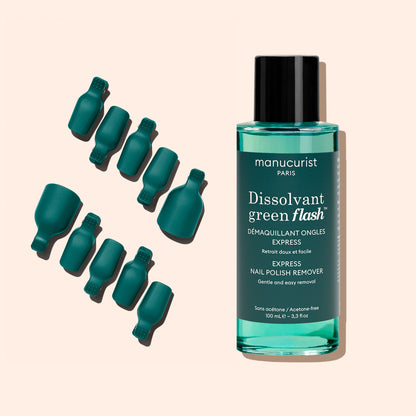 Ten Manucurist Foot Removal Clips are neatly arranged upright beside a bottle of Green Flash acetone-free Remover, all set on a light beige background—ideal for gentle gel polish pedicure removal.