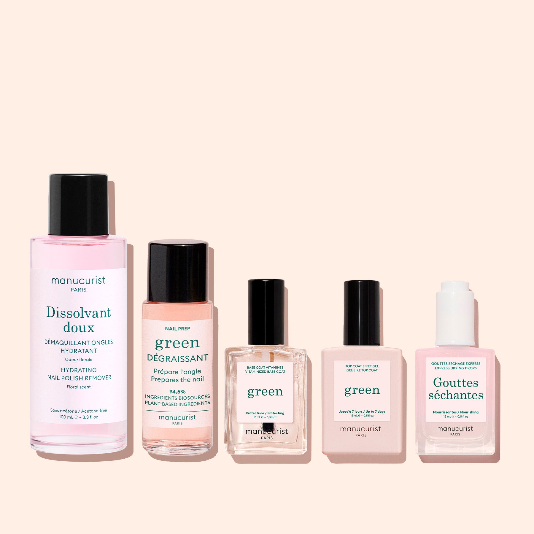 Five clear Manucurist bottles with black or white caps on a light beige background: Gentle Remover (acetone-free), nail prep, two green base coats for strengthening, and fast-drying drops.