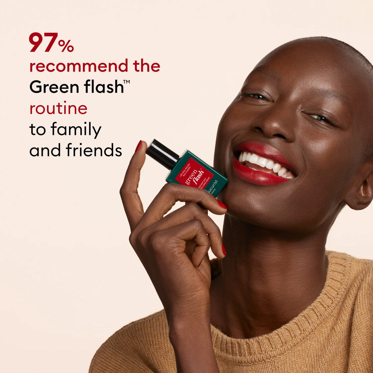 A smiling person with dark skin and red lipstick holds a Manucurist Customizable Trio near their face. Text reads: 97% recommend the Customizable Trio routine to family and friends.