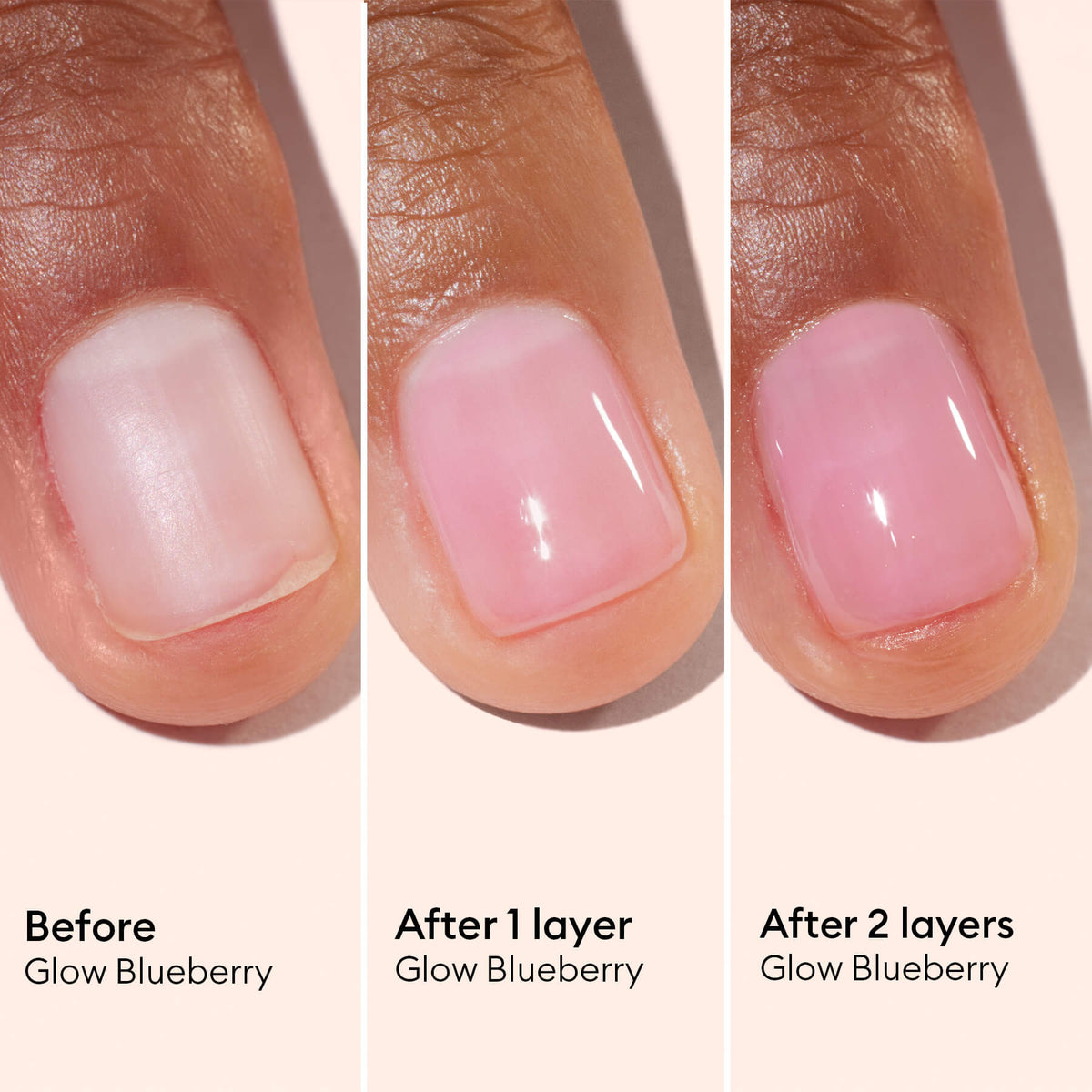 Trois gros plans d’un ongle montrent sa transformation : l’ongle nu, l’ongle après une couche de Manucurist Active™ Glow Blueberry, et l’ongle avec deux couches. Les légendes indiquent Avant, Après 1 couche et Après 2 couches. Ce visuel met en lumière comment un soin des ongles attentif avec cet embellisseur d’origine végétale crée un fini naturellement beau.