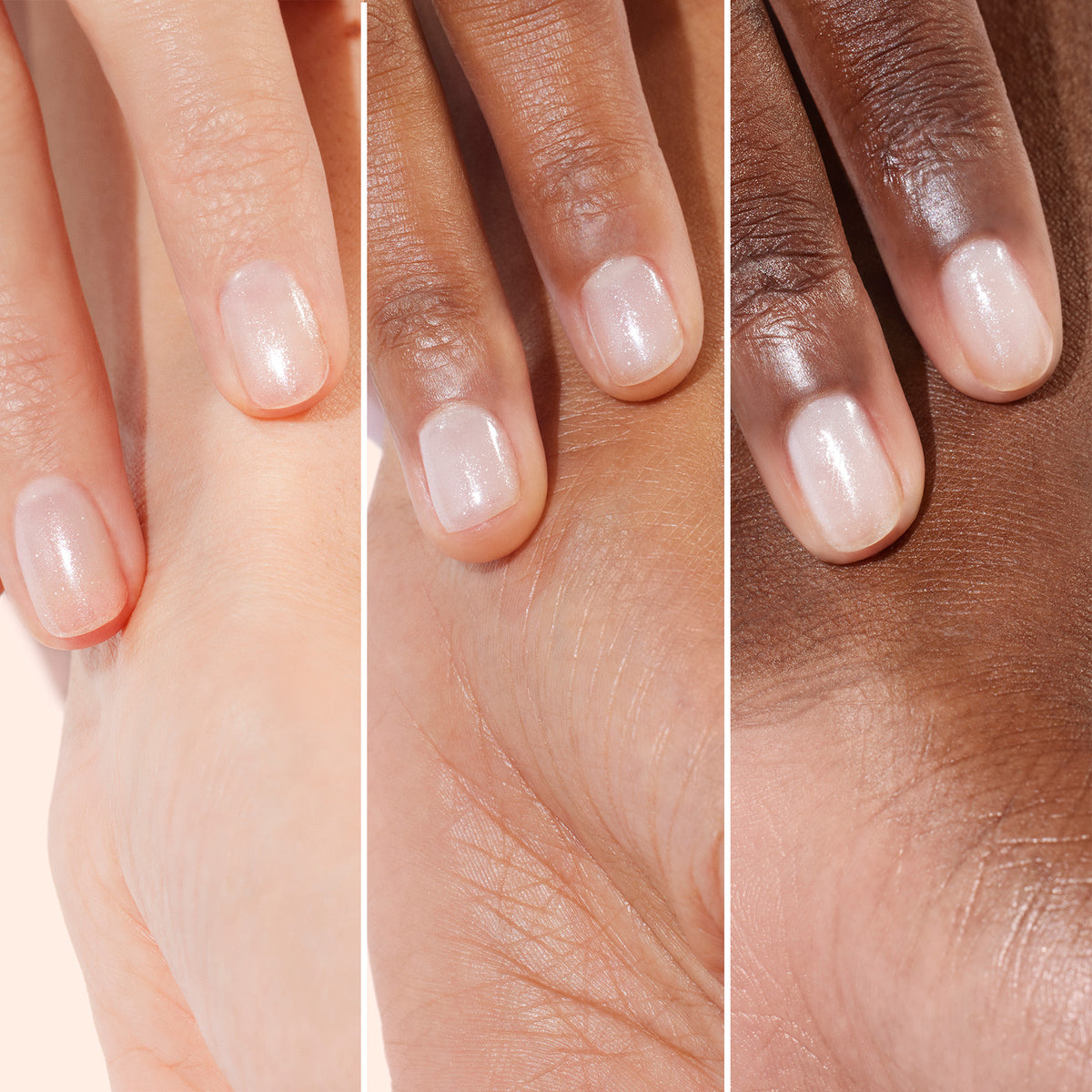 Gros plan sur trois mains aux carnations différentes portant Active™ Shine Opal de Manucurist, un vernis à ongles biosourcé rose pâle scintillant, mettant en avant un soin des ongles conscient et célébrant la diversité grâce à une comparaison côte à côte des couleurs de vernis.