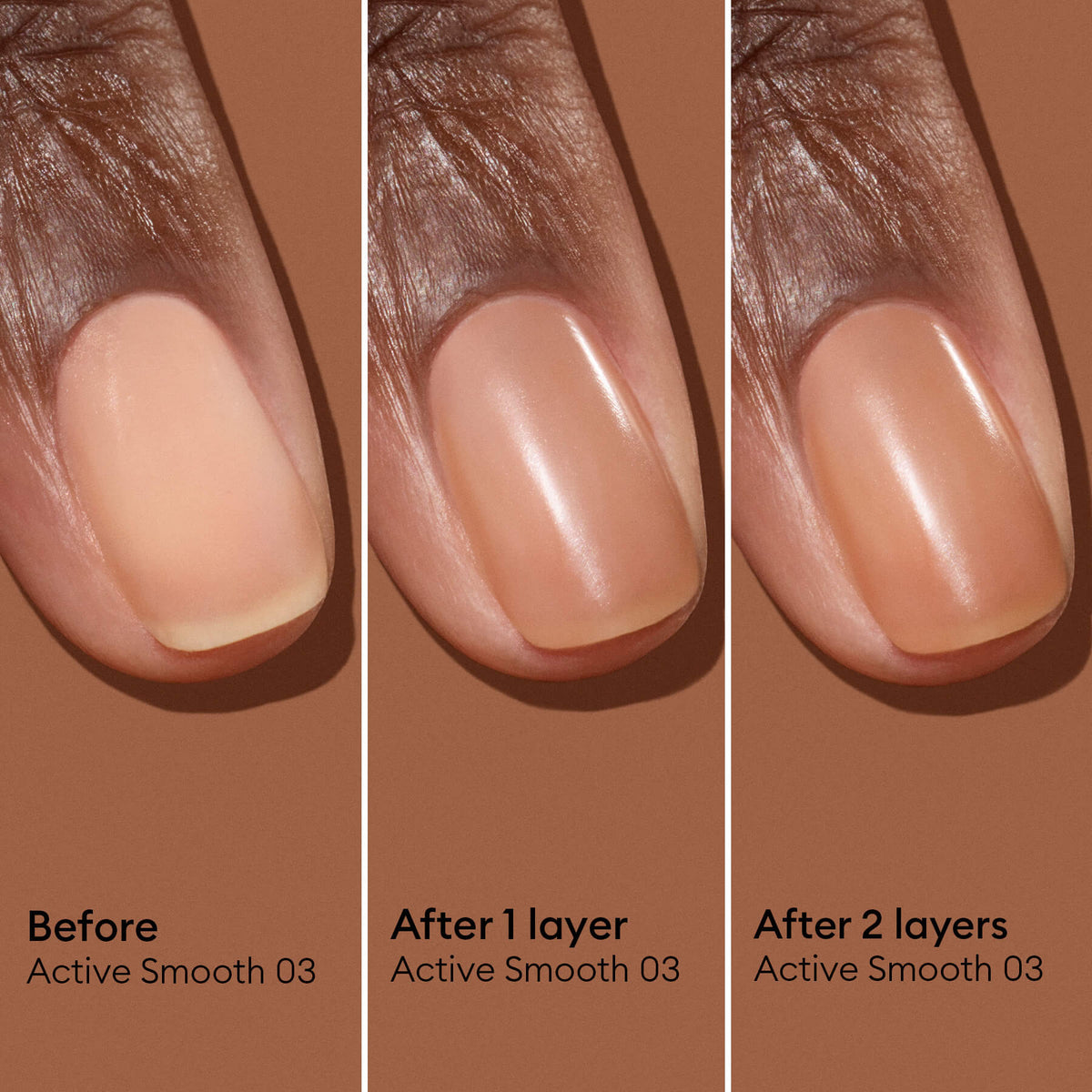 Un gros plan montre un ongle avant, après une couche, puis après deux couches d’Active Smooth 03 de Manucurist, un vernis nude transparent qui intensifie la brillance et la profondeur de la couleur à chaque application.