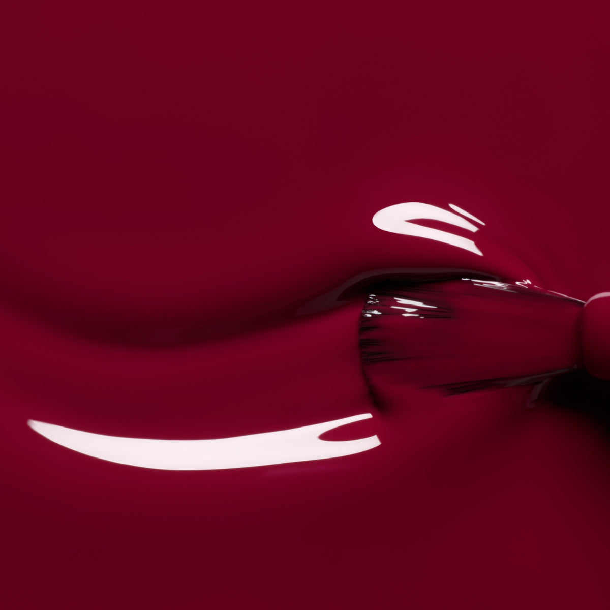 Gros plan sur un pinceau qui applique le vernis Amour de Manucurist, issu de la gamme Green™, avec des reflets lumineux sur sa surface bordeaux lisse.
