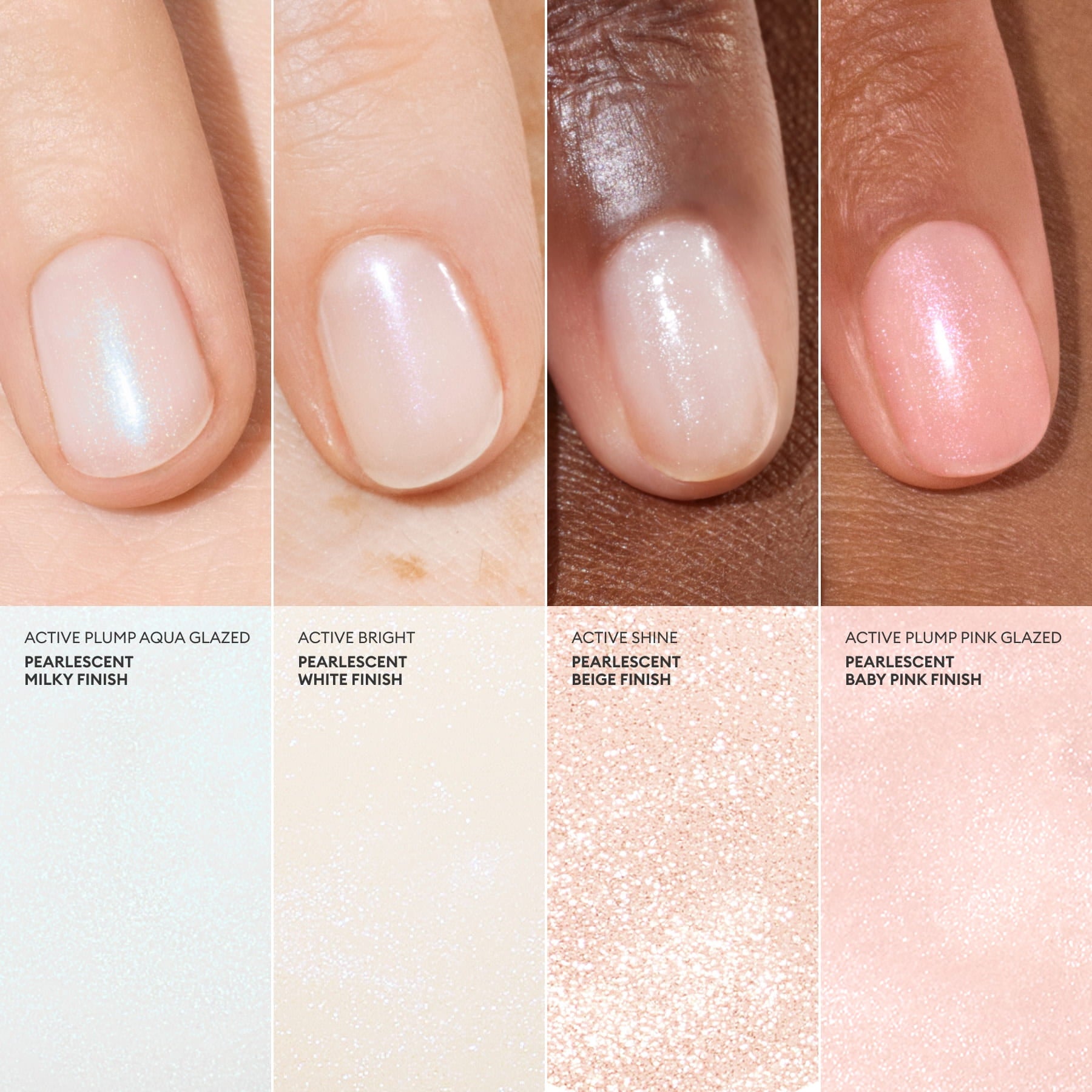Four close-ups of fingernails painted with Manucurist’s Active™ Plump Aqua Glazed pearlescent nail polish in aqua, white, beige, and pink shades—each displayed on a range of skin tones with coordinating swatches beneath—demonstrate the hydrated nails effect achieved by this volumizing nail care.