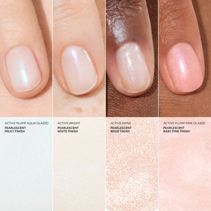 Four close-ups of fingernails painted with Manucurist’s Active™ Plump Aqua Glazed pearlescent nail polish in aqua, white, beige, and pink shades—each displayed on a range of skin tones with coordinating swatches beneath—demonstrate the hydrated nails effect achieved by this volumizing nail care.