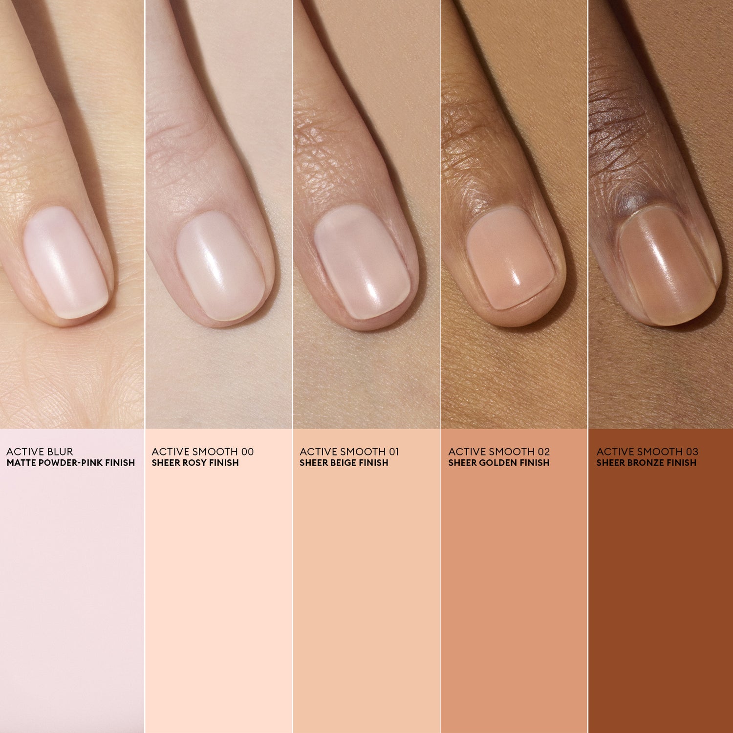Four hands with different skin tones display manicured nails, each painted in a sheer nude or pink shade from Manucurist’s Active™ Blur polish. Below each hand, the shade name and its flawless matte finish are shown, ranging from pale pink to bronze—each color doubles as a nourishing nail strengthener.