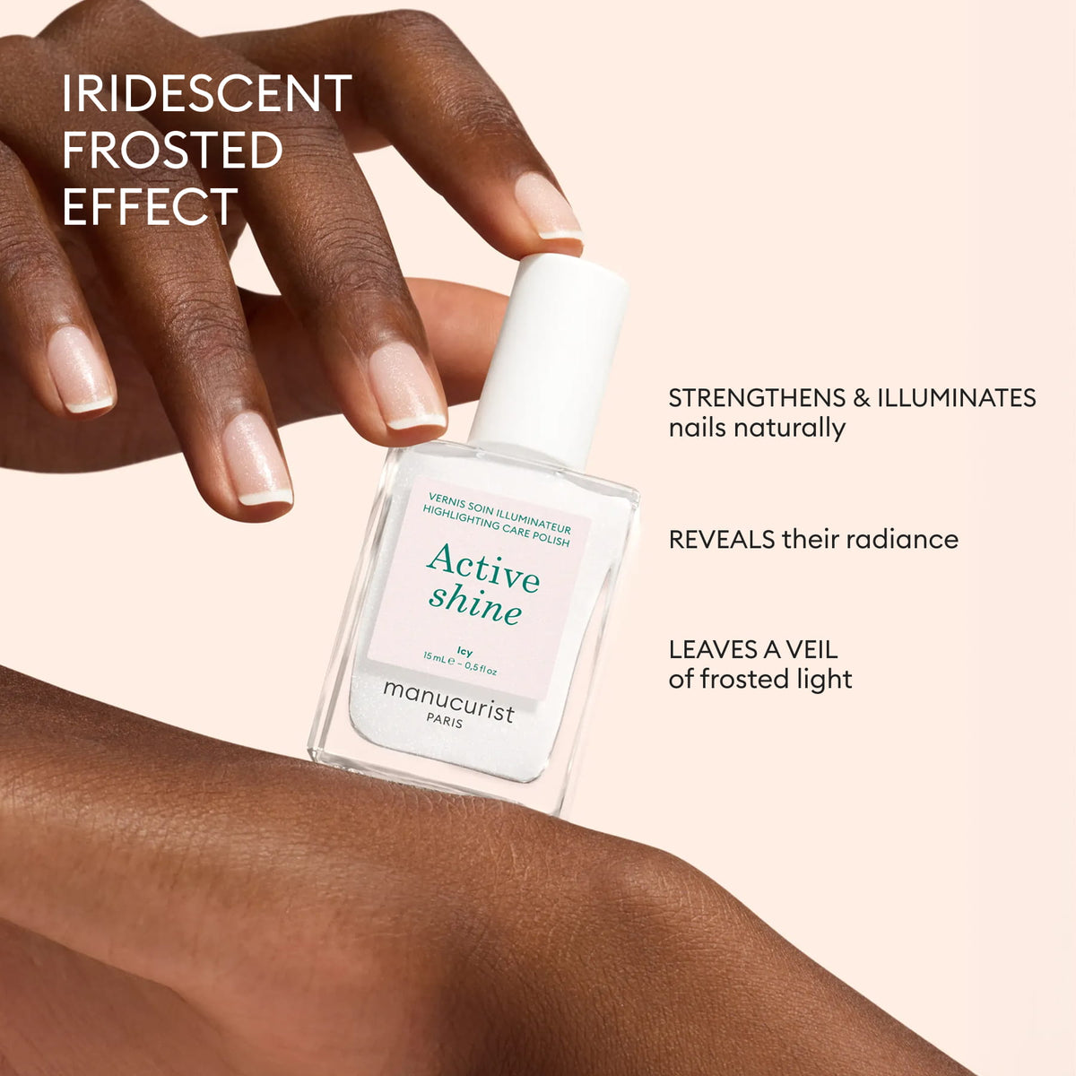 A hand with manicured nails holds a bottle of Manucurist Active™ Shine Icy nail polish. Text highlights its iridescent frosted effect, nail care benefits, strengthening properties, radiant finish, and the veil of frosted light it casts—all set against a beige background.