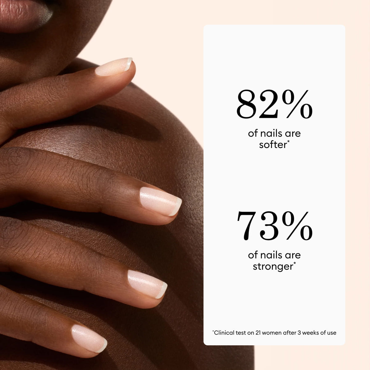 A close-up of a hand with manicured nails highlights the luminous results of Manucurist’s Active™ Shine Icy nail polish, accompanied by text stating: “82% of nails are softer, 73% are stronger,” based on a clinical test with 21 women after 3 weeks—demonstrating the benefits of this advanced nail care formula.