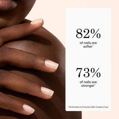 A close-up of a hand with manicured nails highlights the luminous results of Manucurist’s Active™ Shine Icy nail polish, accompanied by text stating: “82% of nails are softer, 73% are stronger,” based on a clinical test with 21 women after 3 weeks—demonstrating the benefits of this advanced nail care formula.