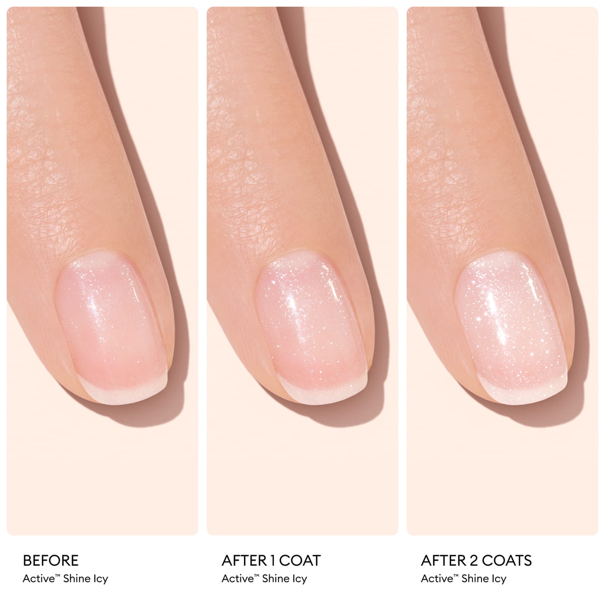 Three close-up images of a fingernail: bare, with one coat, and with two coats of Manucurist Active™ Shine Icy nail polish, demonstrating progressively enhanced shine and sparkle for superior nail care. Labels: Before, After 1 Coat, After 2 Coats.