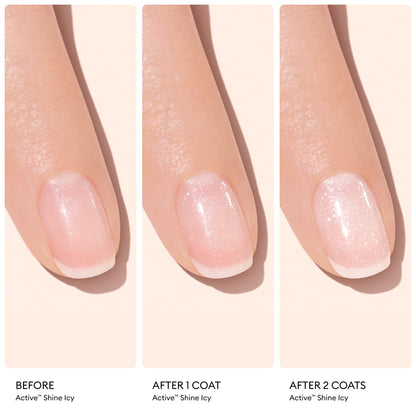 Three close-up images of a fingernail: bare, with one coat, and with two coats of Manucurist Active™ Shine Icy nail polish, demonstrating progressively enhanced shine and sparkle for superior nail care. Labels: Before, After 1 Coat, After 2 Coats.