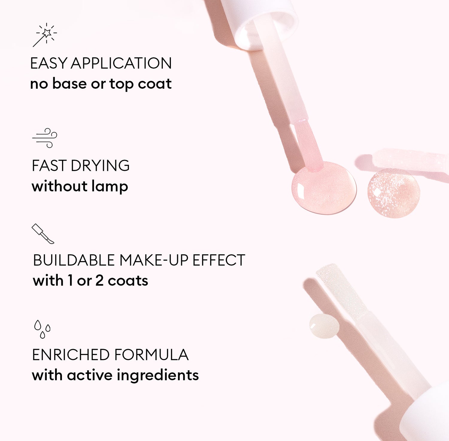 Manucurist Active™ Plump Aqua Glazed nail polish bottle with brush and pink drops, displayed on a minimalist pink and white background. Text: Easy application, fast drying without a lamp, buildable makeup effect, and an enriched formula with active ingredients for hydrated nails. Experience the collagen-infused benefits of Active™ Plump Aqua Glazed by Manucurist.