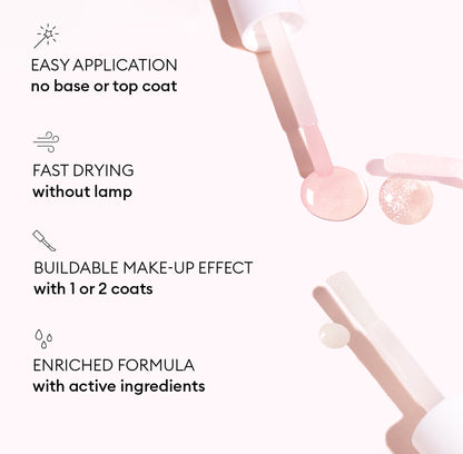 Manucurist Active™ Plump Aqua Glazed nail polish bottle with brush and pink drops, displayed on a minimalist pink and white background. Text: Easy application, fast drying without a lamp, buildable makeup effect, and an enriched formula with active ingredients for hydrated nails. Experience the collagen-infused benefits of Active™ Plump Aqua Glazed by Manucurist.