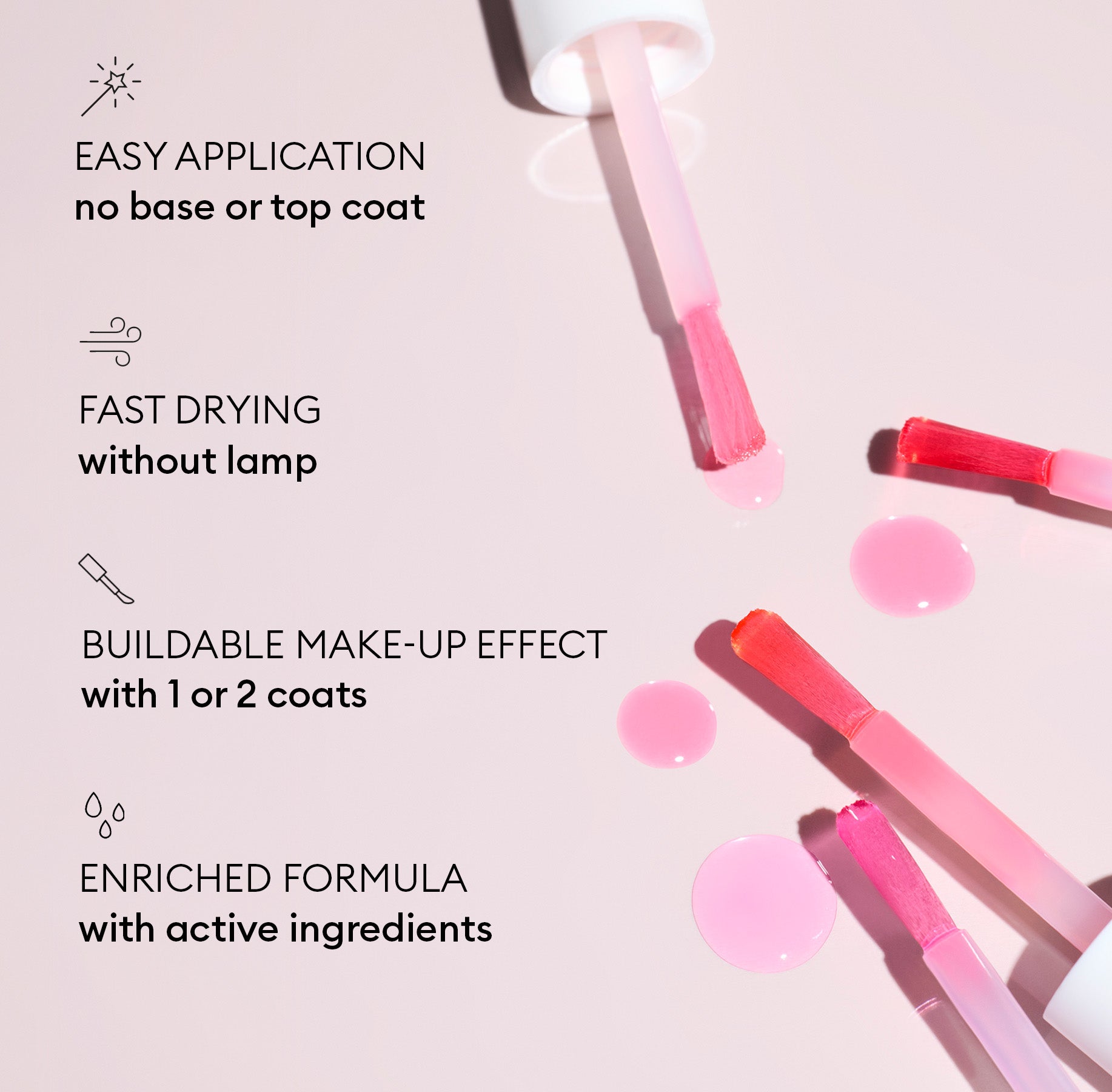 Four brushes of Manucurist Active™ Glow Raspberry nail polish, shown with pink polish dripping from each, highlight easy application, quick-drying benefits, and a buildable glow in 1–2 coats. The formula is plant-based and enriched with active ingredients for enhanced nail care.