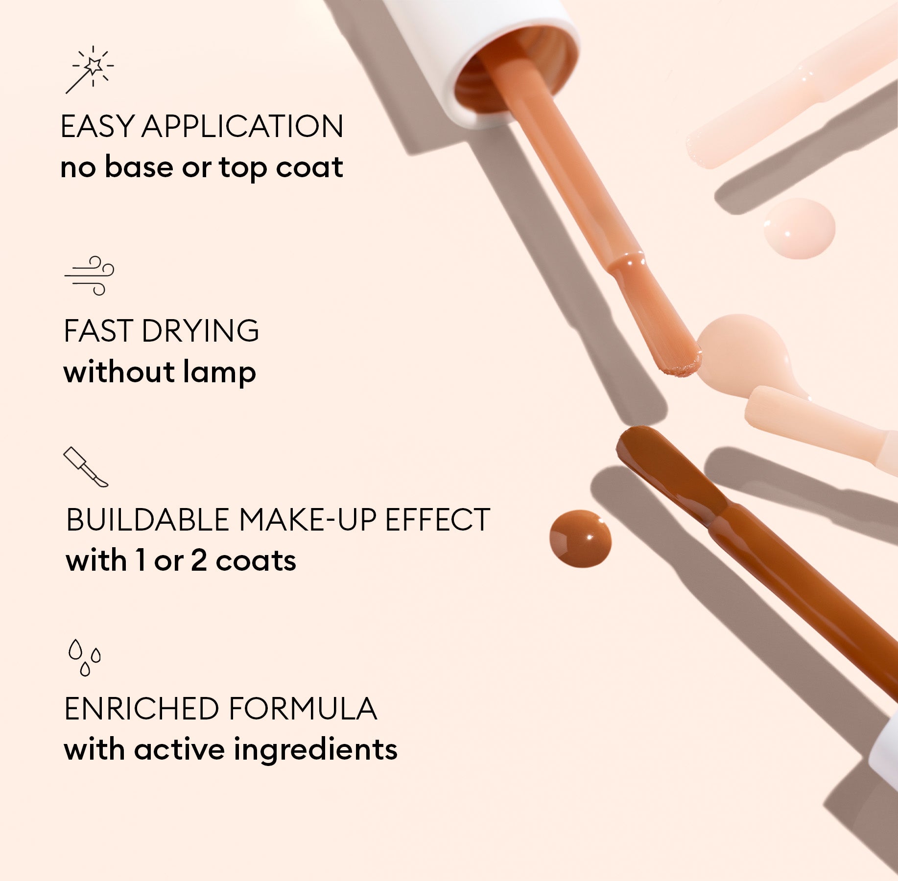 Three nail polish brushes with beige polish are shown, demonstrating Manucurist’s Active™ Smooth 02. Designed for easy application, fast drying, and a buildable effect with one or two coats, this enriched formula features active ingredients for enhanced nail care and serves as an effective nail treatment.